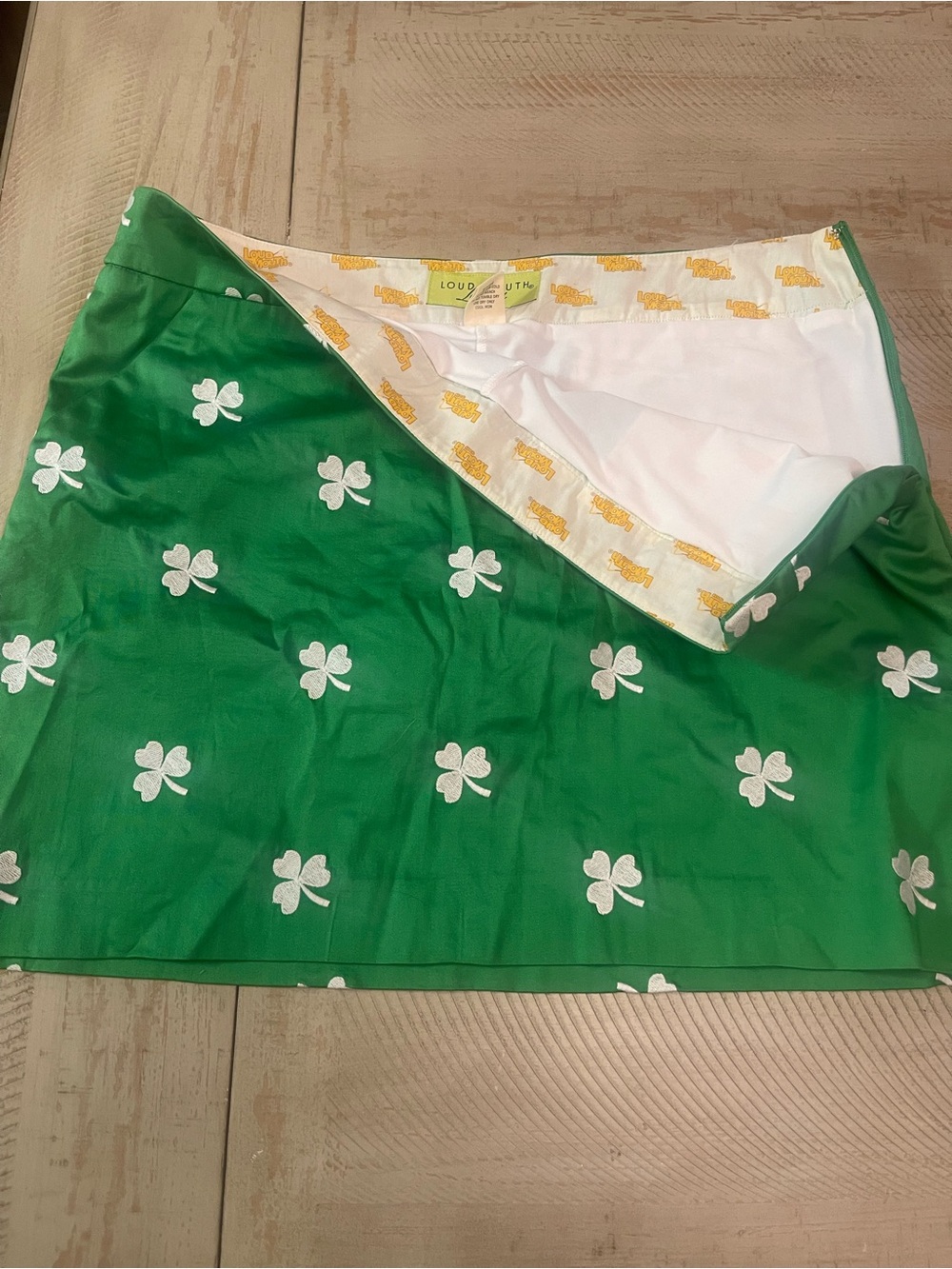 Loudmouth Green Mini Skirt with White Clover Print - Picture 2 of 5